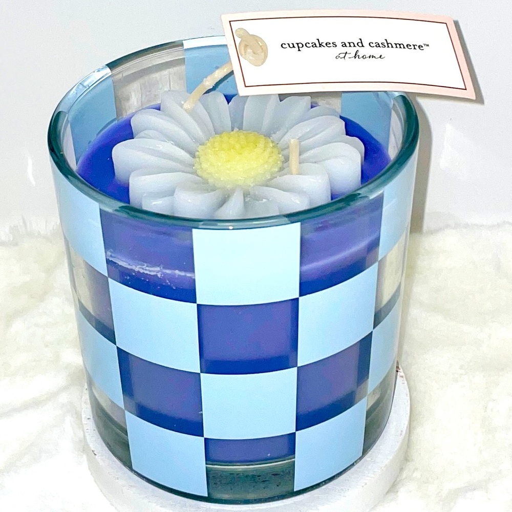 Cupcakes and Cashmere Blue Floral Bouquet Spring Checkered Flower Soy Candle